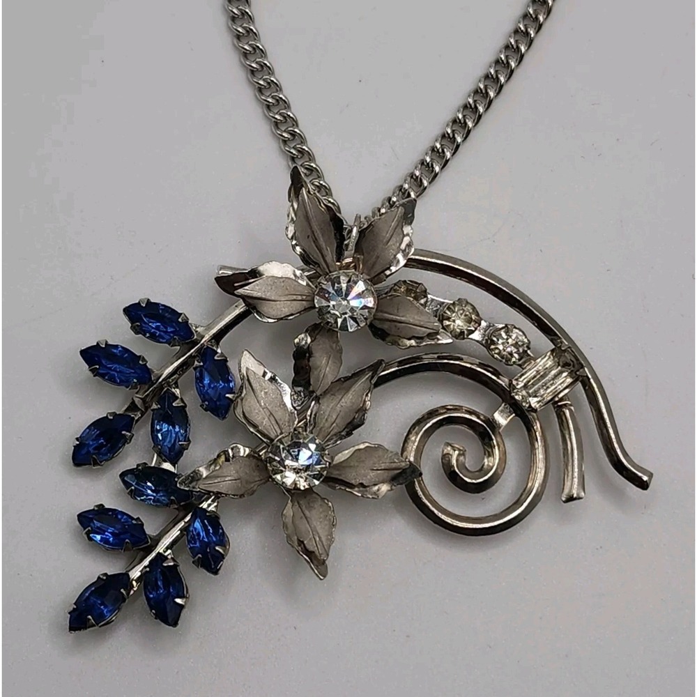 Cobalt Blue Rhinestone Floral Spray Silver Tone Pendant Brooch Retro Statement - Picture 2 of 16